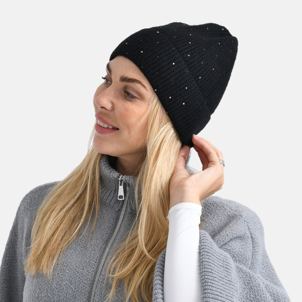 La Marey Pattern Beanie Hat (22 x 21 cm) - Black with Stones_8249754_2