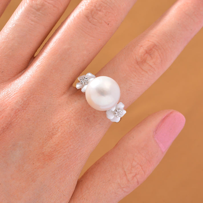 D'joy White Edison Pearl &amp; White Mother Of Pearl Ring in Rhodium Overlay Sterling Silver 15.00 Ct. 8249872 2