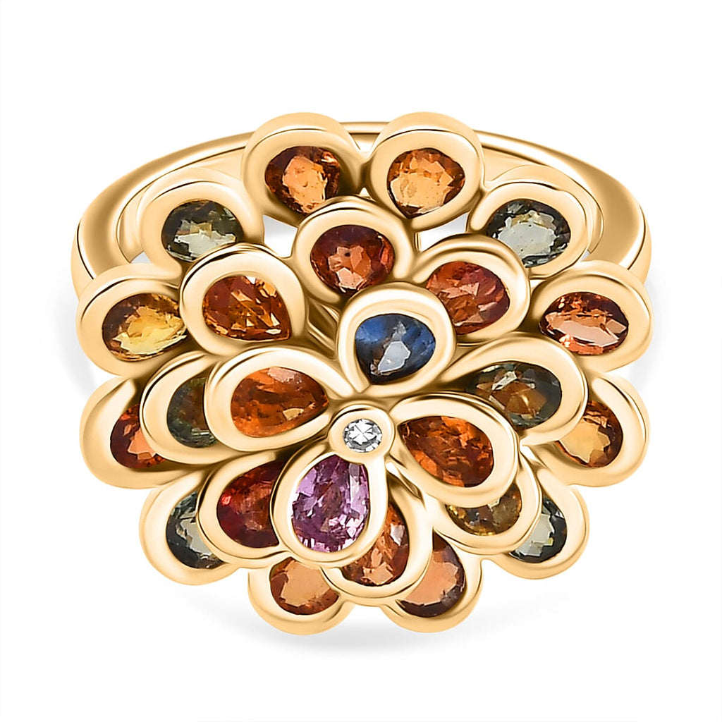 D'Joy Rainbow Sapphire & Lab Grown Diamond (SI/G-H) Floral Cluster Ring in 18K Vermeil Yellow Gold Plated Sterling Silver 4.86 Ct._8249883
