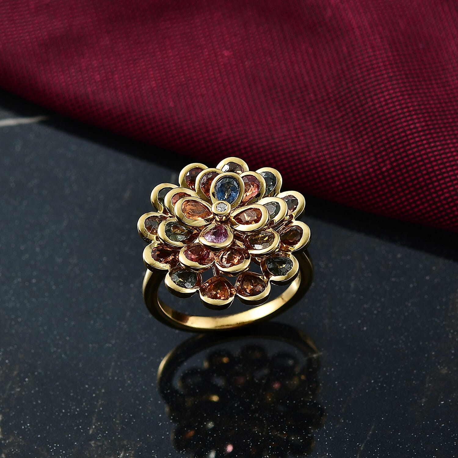 D'Joy Multi Sapphire, Blue Sapphire, Pink Sapphire, Lab Grown Diamond Floral Ring in 18K Vermeil Yellow Gold Over Sterling Silver 4.86 Ct. 8249883 2