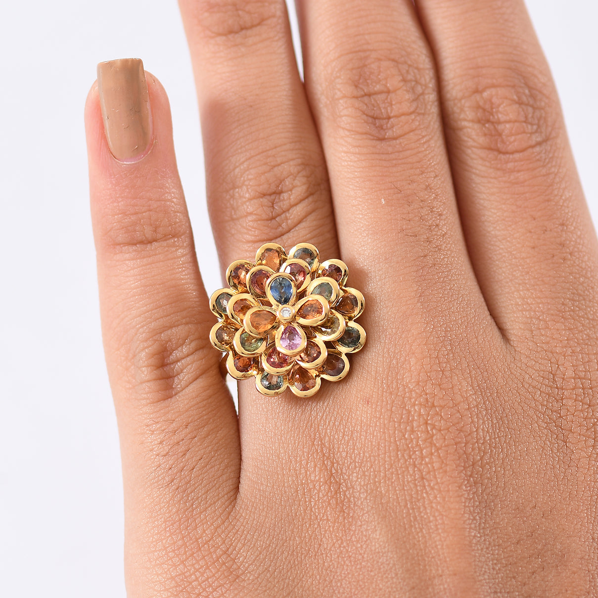 D'Joy Multi Sapphire, Blue Sapphire, Pink Sapphire, Lab Grown Diamond Floral Ring in 18K Vermeil Yellow Gold Over Sterling Silver 4.86 Ct. V32520064 3
