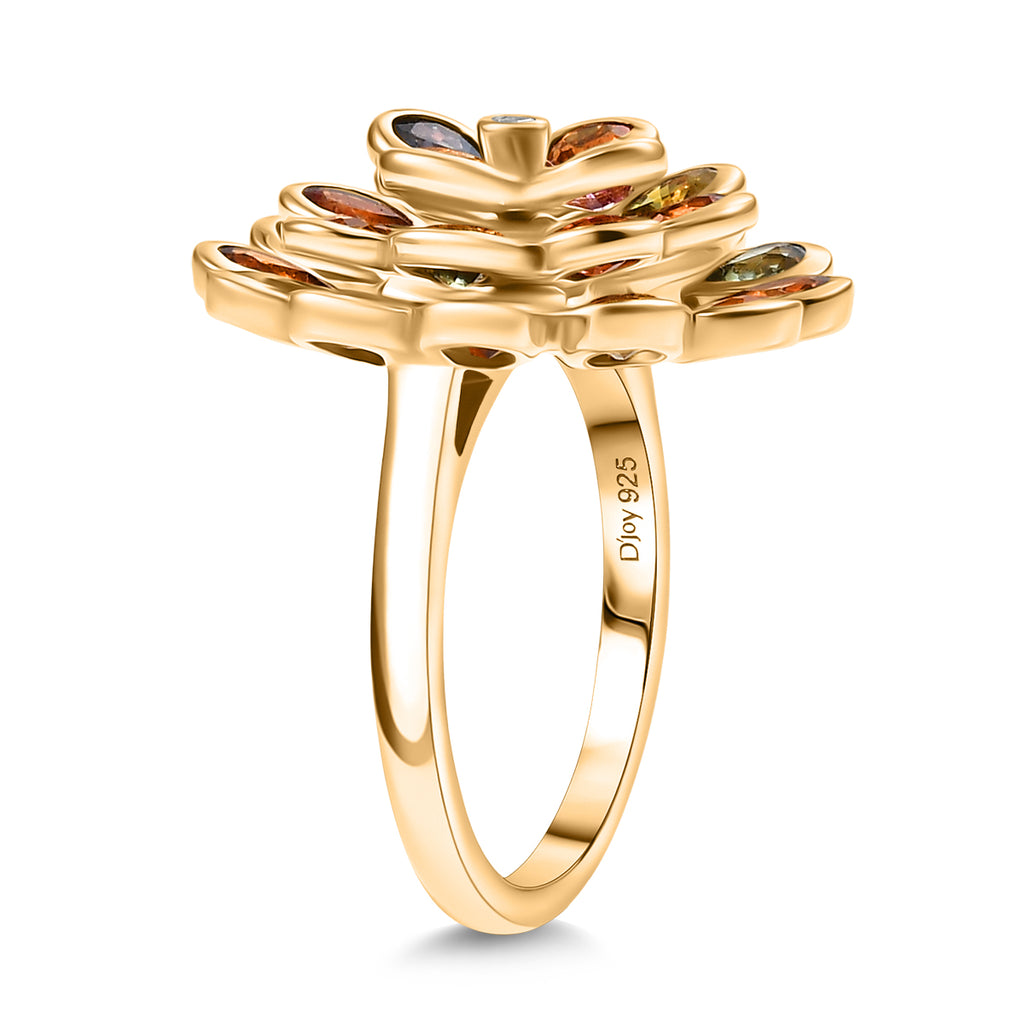 D'Joy Rainbow Sapphire & Lab Grown Diamond (SI/G-H) Floral Cluster Ring in 18K Vermeil Yellow Gold Plated Sterling Silver 4.86 Ct._8249889_3