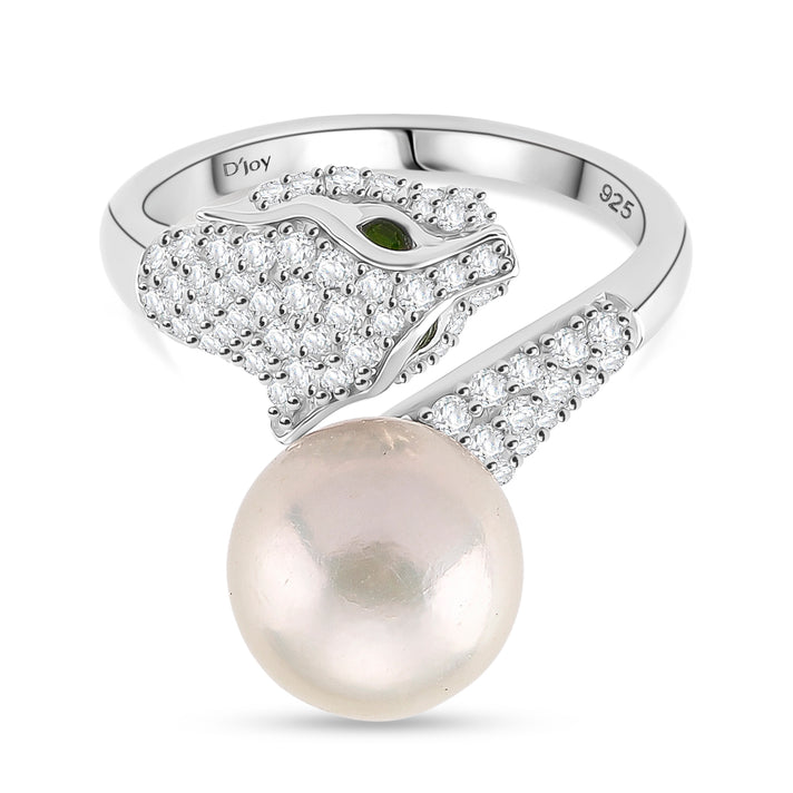 D'joy Edison Pearl (10-11 MM), Natural Chrome Diopside &amp; White Zircon Ring in Rhodium Overlay Sterling Silver 8249961 1