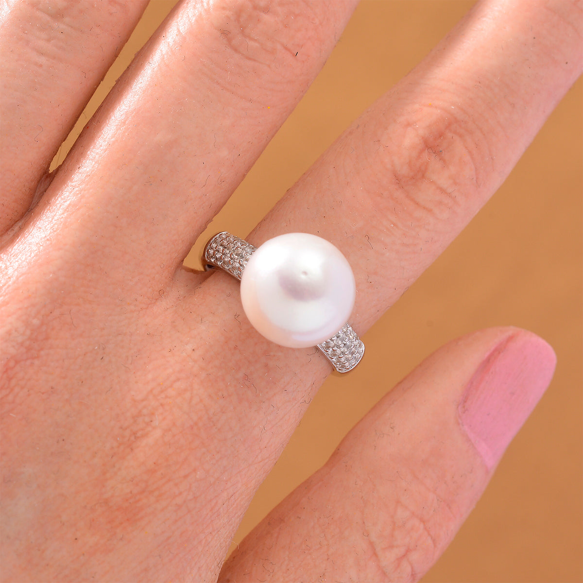 D'Joy White Edison Pearl &amp; White Zircon Ring in Rhodium Overlay Sterling Silver 14.06 Ct. 8249994 2