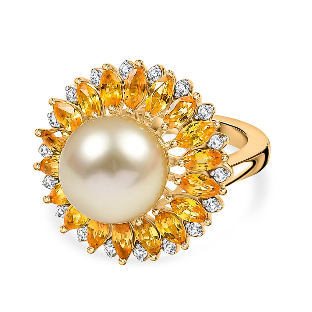 D'Joy Golden South Sea Pearl, Yellow Sapphire & White Zircon Ring in 18K Vermeil Yellow Gold Plated Sterling Silver 8.10 Ct._8251296