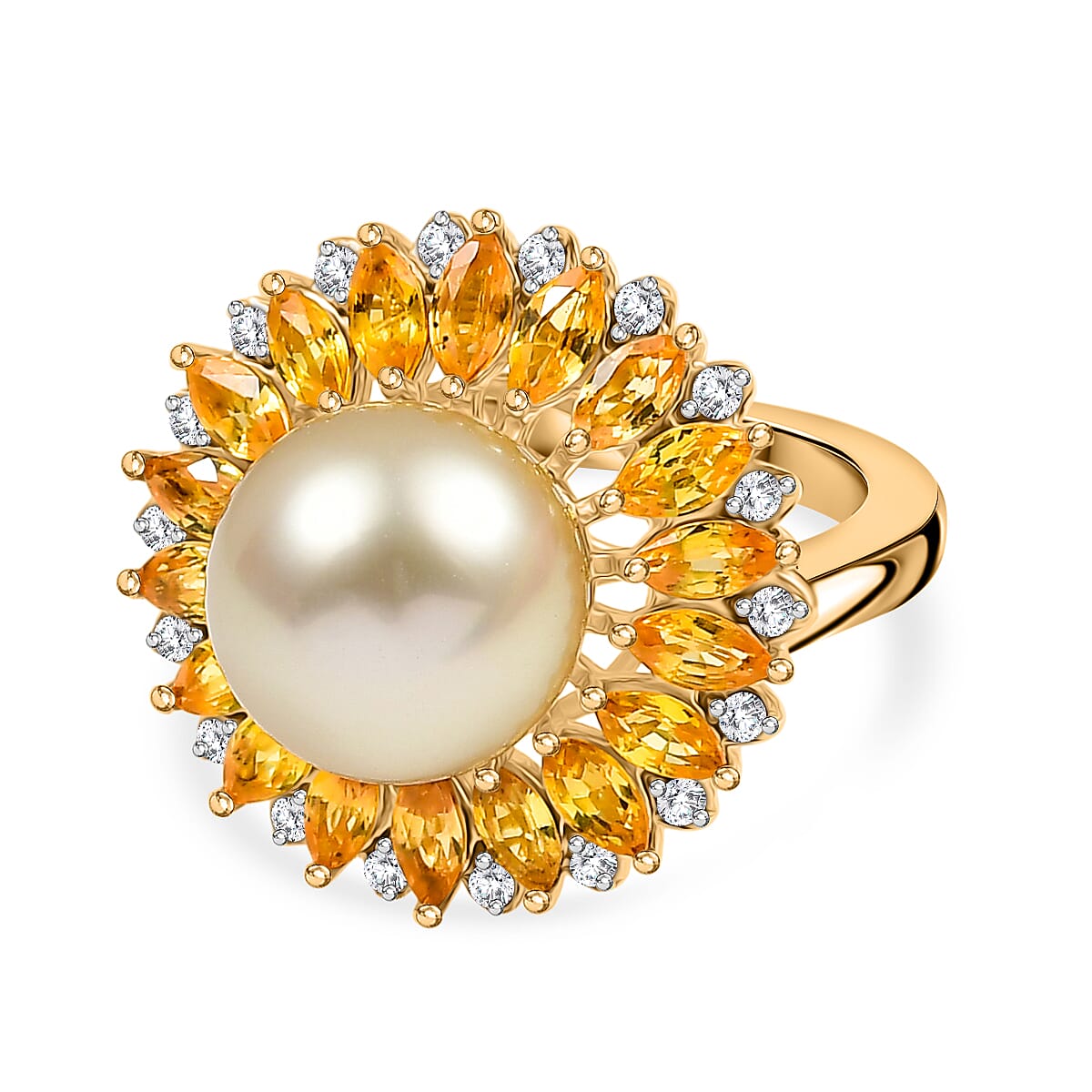 D'Joy Golden South Sea Pearl, Yellow Sapphire &amp; White Zircon Ring in 18K Vermeil Yellow Gold Plated Sterling Silver 8.10 Ct. 8251296 0