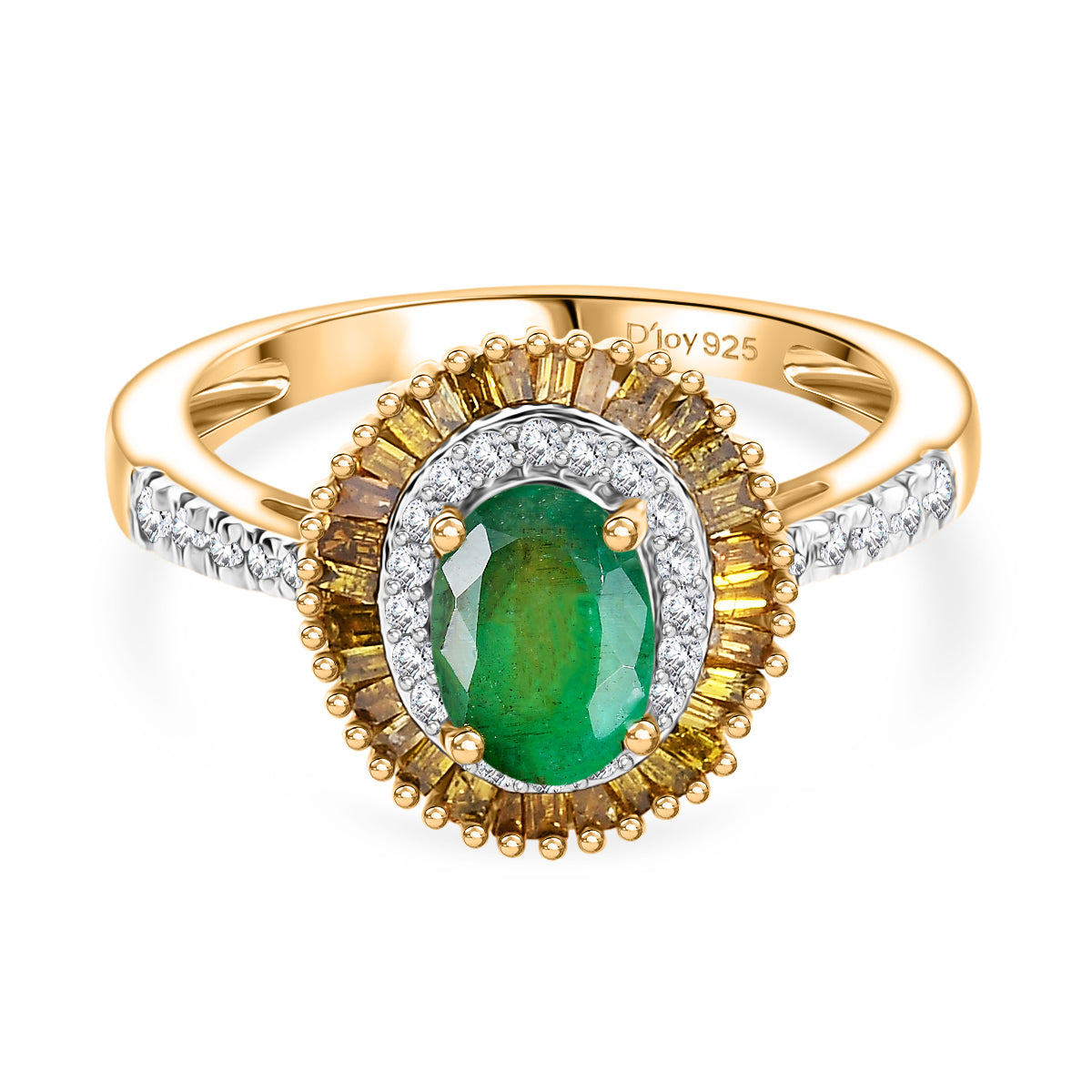 D'Joy Premium Emerald, Yellow Diamond &amp; White Diamond Ring in 18K Vermeil Yellow Gold Plated Sterling Silver 1.14 Ct. 8251400 0
