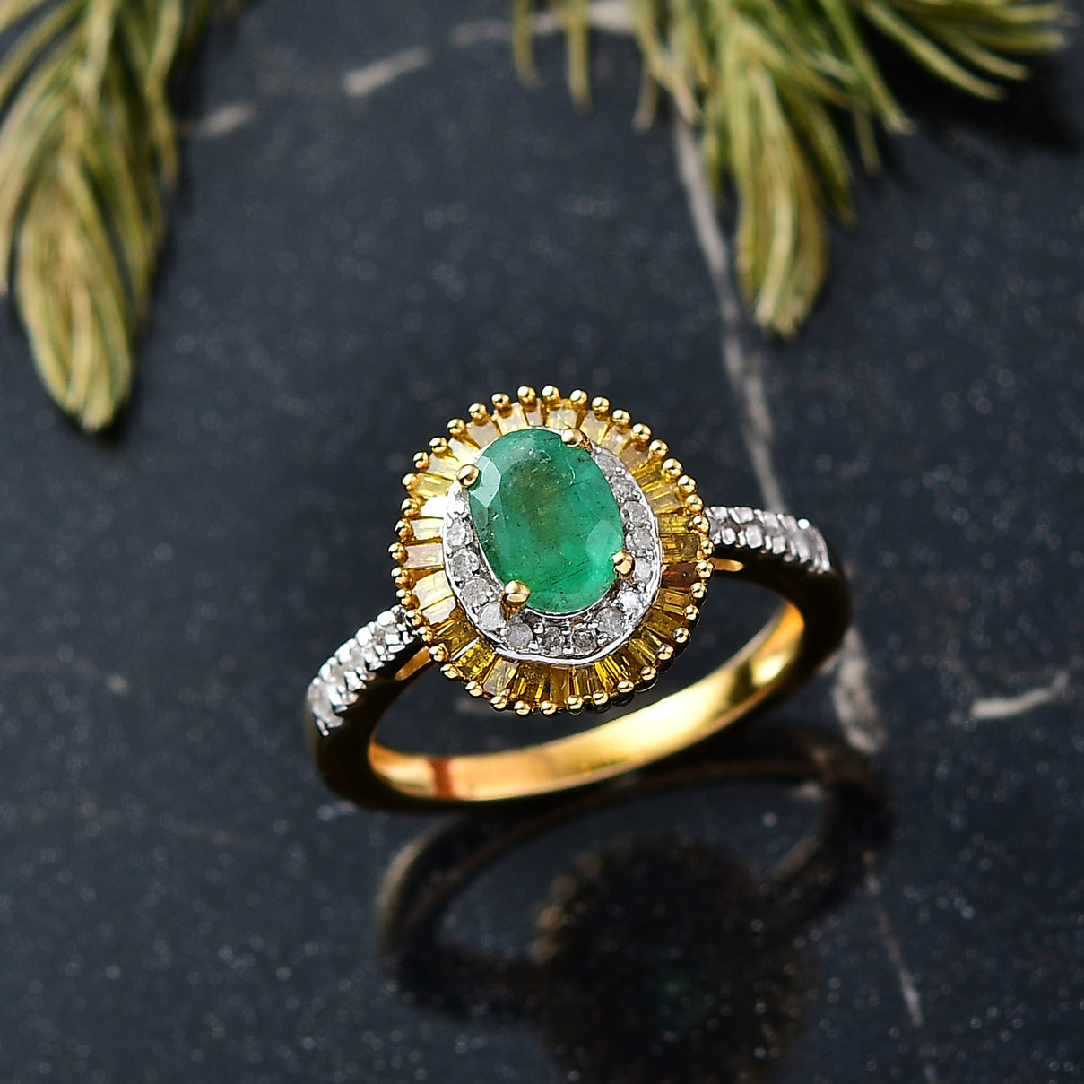 D'Joy Premium Emerald, Yellow Diamond &amp; White Diamond Ring in 18K Vermeil Yellow Gold Plated Sterling Silver 1.14 Ct. 8251400 2