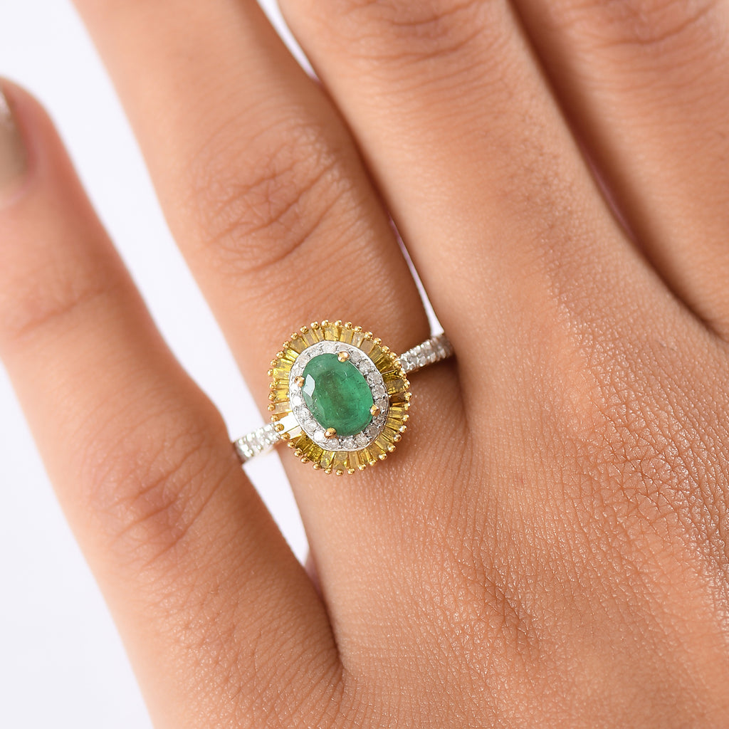 D'Joy Premium Emerald, Yellow Diamond & White Diamond Ring in 18K Vermeil Yellow Gold Plated Sterling Silver 1.14 Ct._8251400_2