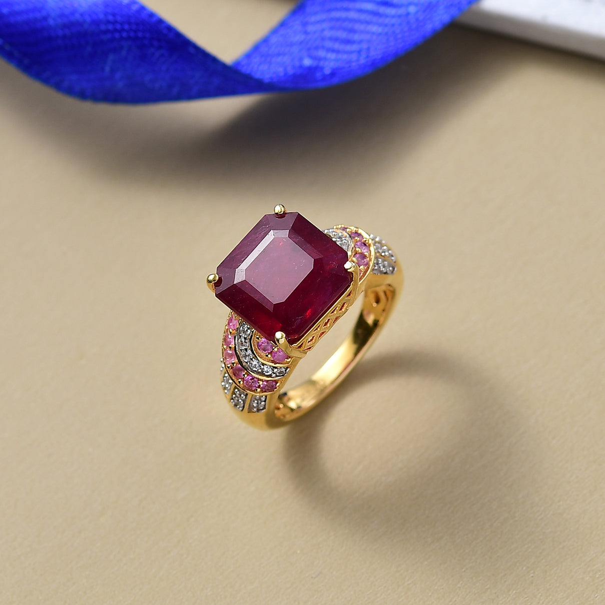 D'Joy 10.48 Ct. Fissure Filled Natural Ruby, Pink Sapphire and White Zircon Ring in 18K Vermeil Yellow Gold Plated Sterling Silver 8251407 2