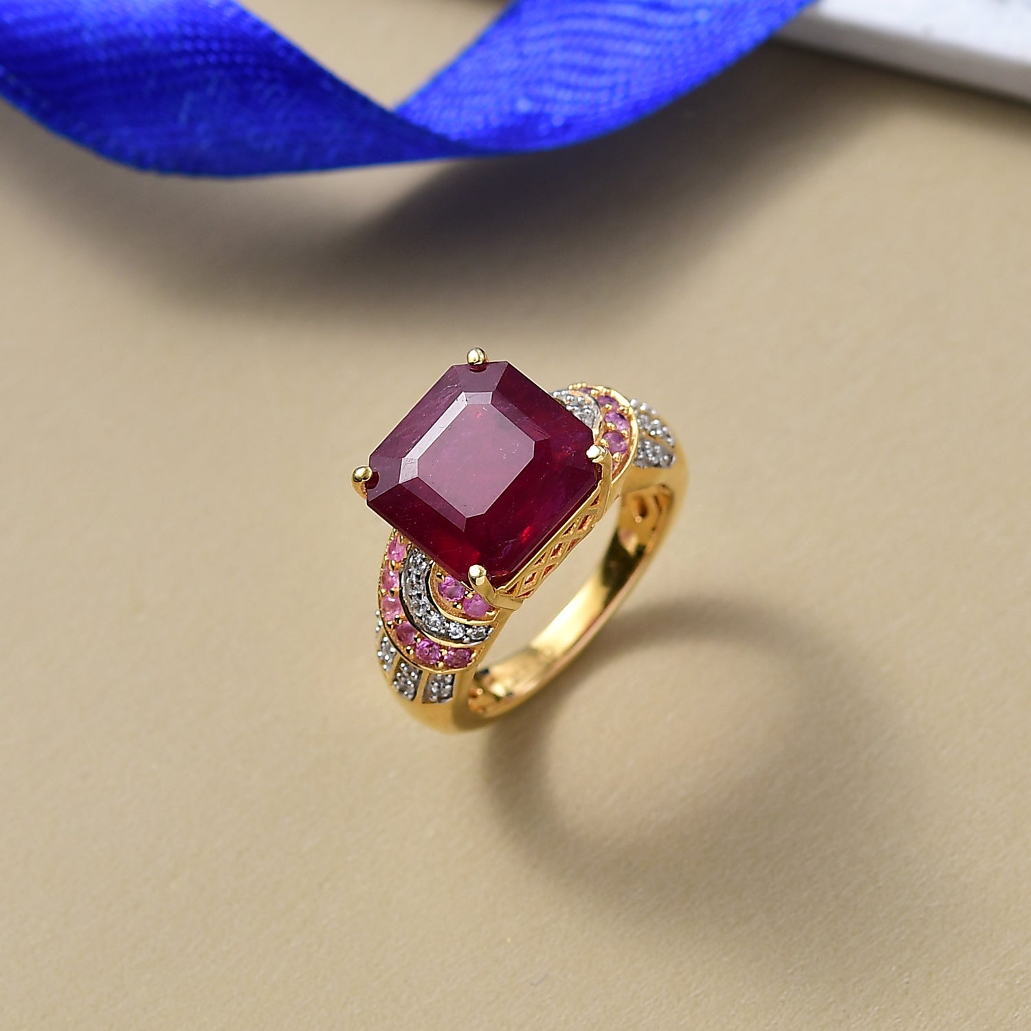 D'Joy 10.48 Ct. Fissure Filled Natural Ruby, Pink Sapphire and White Zircon Ring in 18K Vermeil Yellow Gold Plated Sterling Silver 8251407 2
