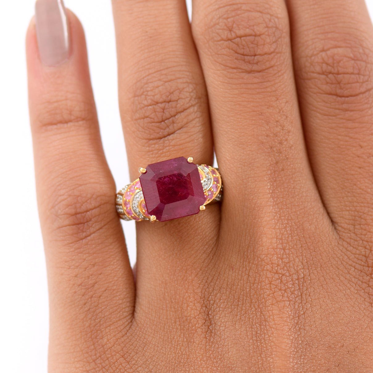 D'Joy 10.48 Ct. Fissure Filled Natural Ruby, Pink Sapphire and White Zircon Ring in 18K Vermeil Yellow Gold Plated Sterling Silver 8251407 3