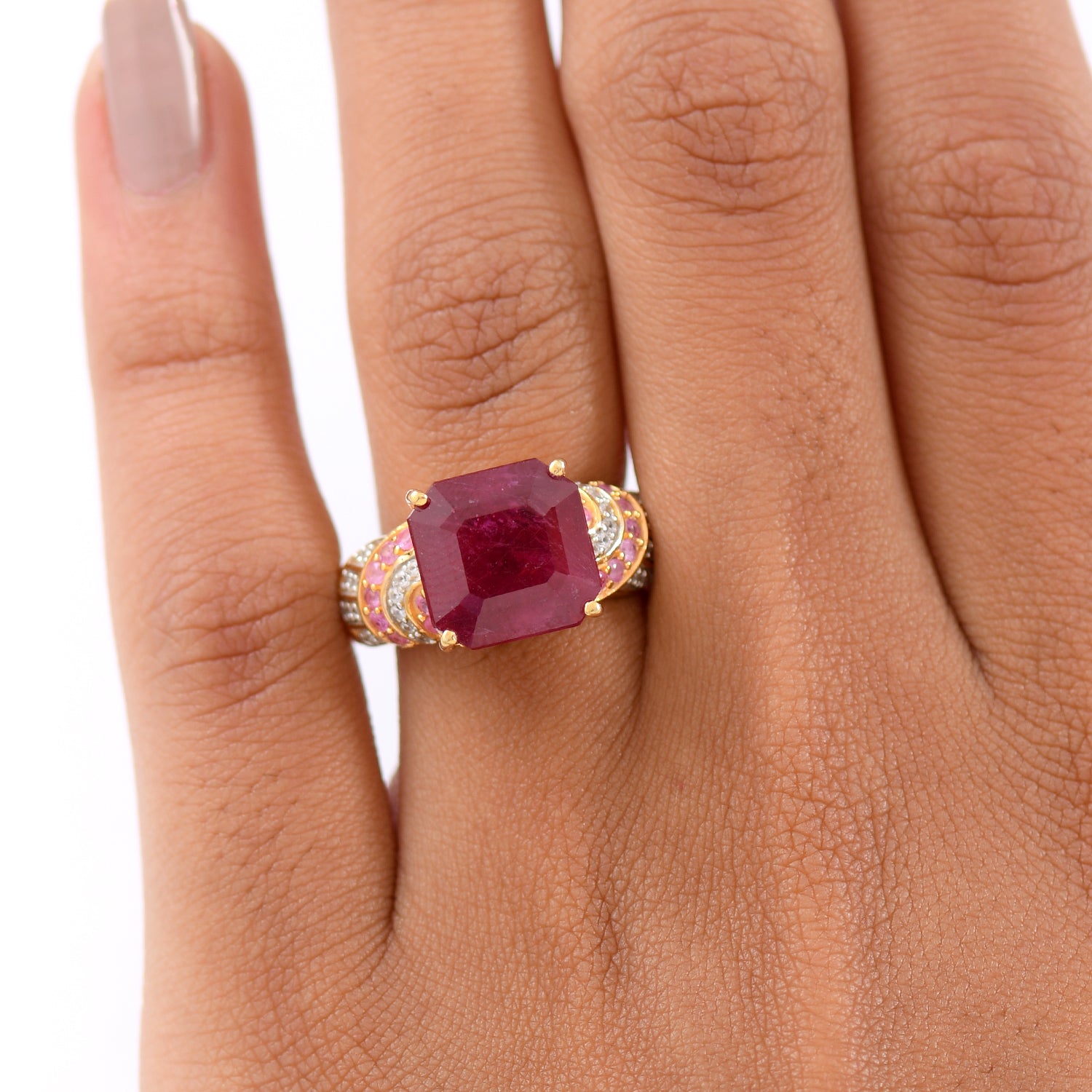 D'Joy 10.48 Ct. Fissure Filled Natural Ruby, Pink Sapphire and White Zircon Ring in 18K Vermeil Yellow Gold Plated Sterling Silver 8251407 3