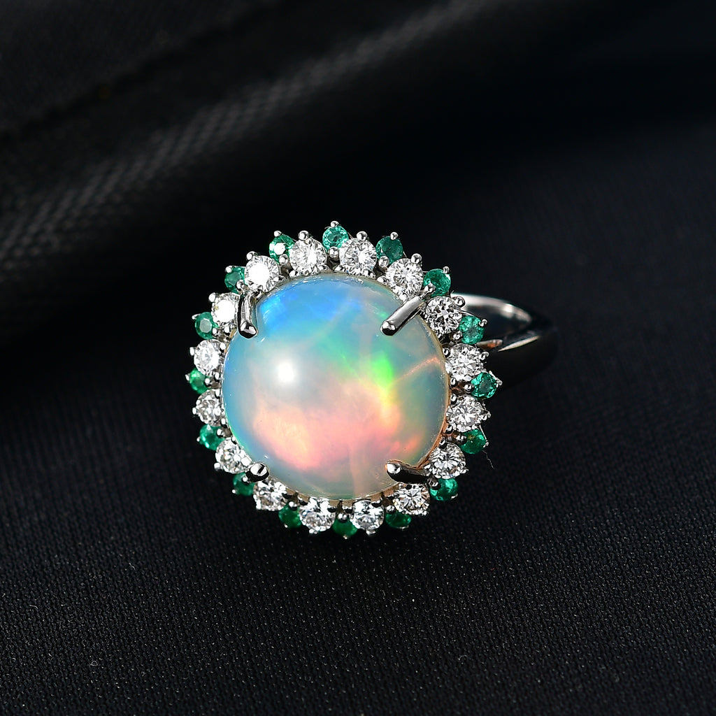950 Platinum AAA Ethiopian Opal, Natural Emerald & SI-G/H Lab Grown Diamond Halo Ring 6.50 Ct, Platinum Wt. 6.82 Gms_8251415_1