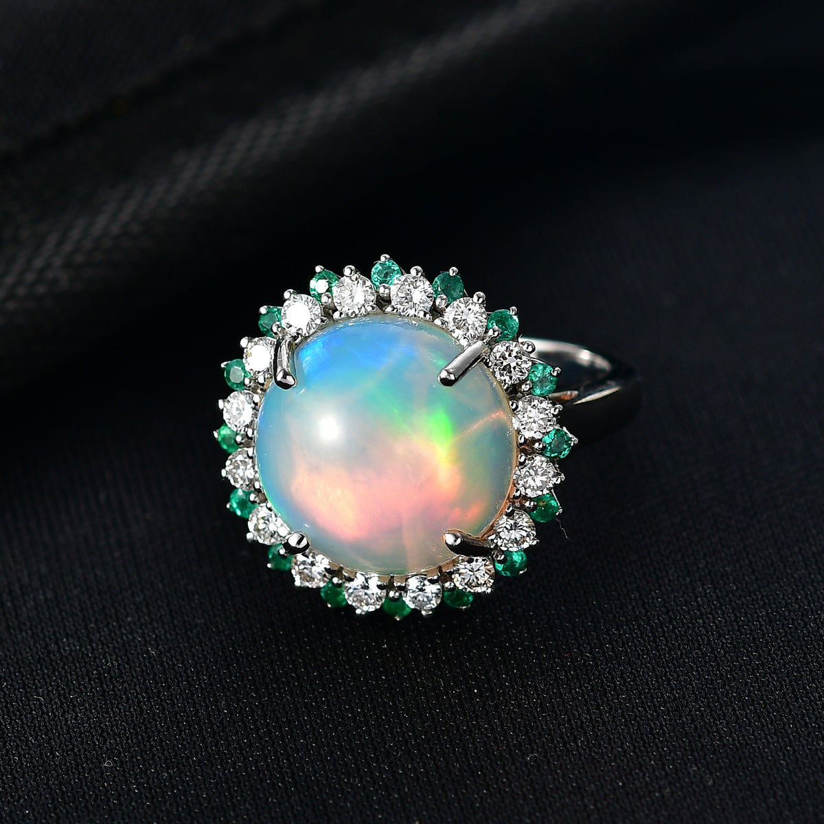 950 Platinum AAA Ethiopian Opal, Natural Emerald &amp; SI-G/H Lab Grown Diamond Halo Ring 6.50 Ct, Platinum Wt. 6.82 Gms V32526777 2