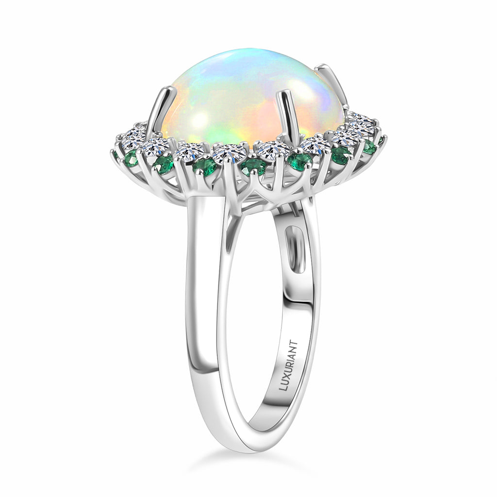 950 Platinum AAA Ethiopian Opal, Natural Emerald & SI-G/H Lab Grown Diamond Halo Ring 6.50 Ct, Platinum Wt. 6.82 Gms_8251415_3