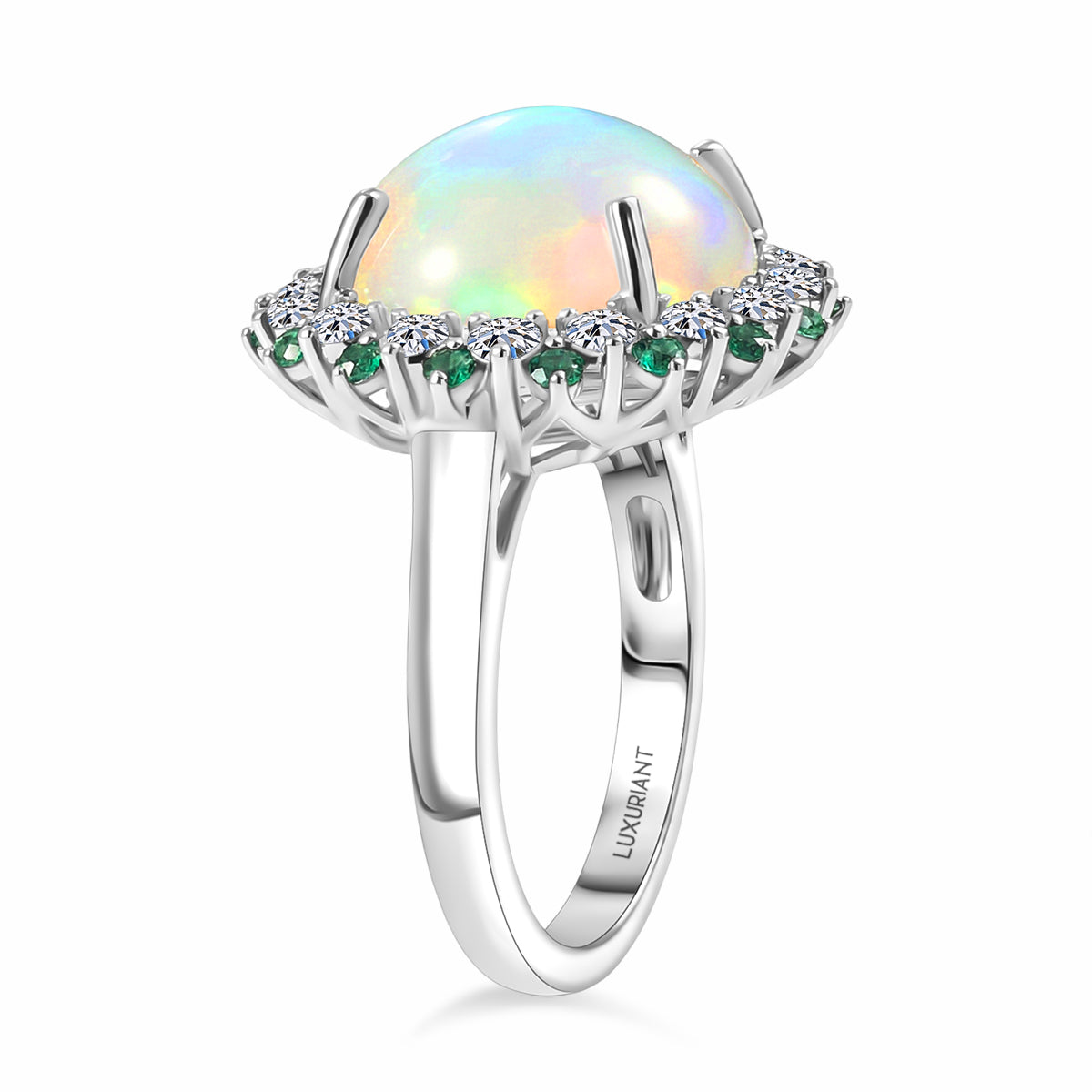 950 Platinum AAA Ethiopian Opal, Natural Emerald &amp; SI-G/H Lab Grown Diamond Halo Ring 6.50 Ct, Platinum Wt. 6.82 Gms V32526777 4
