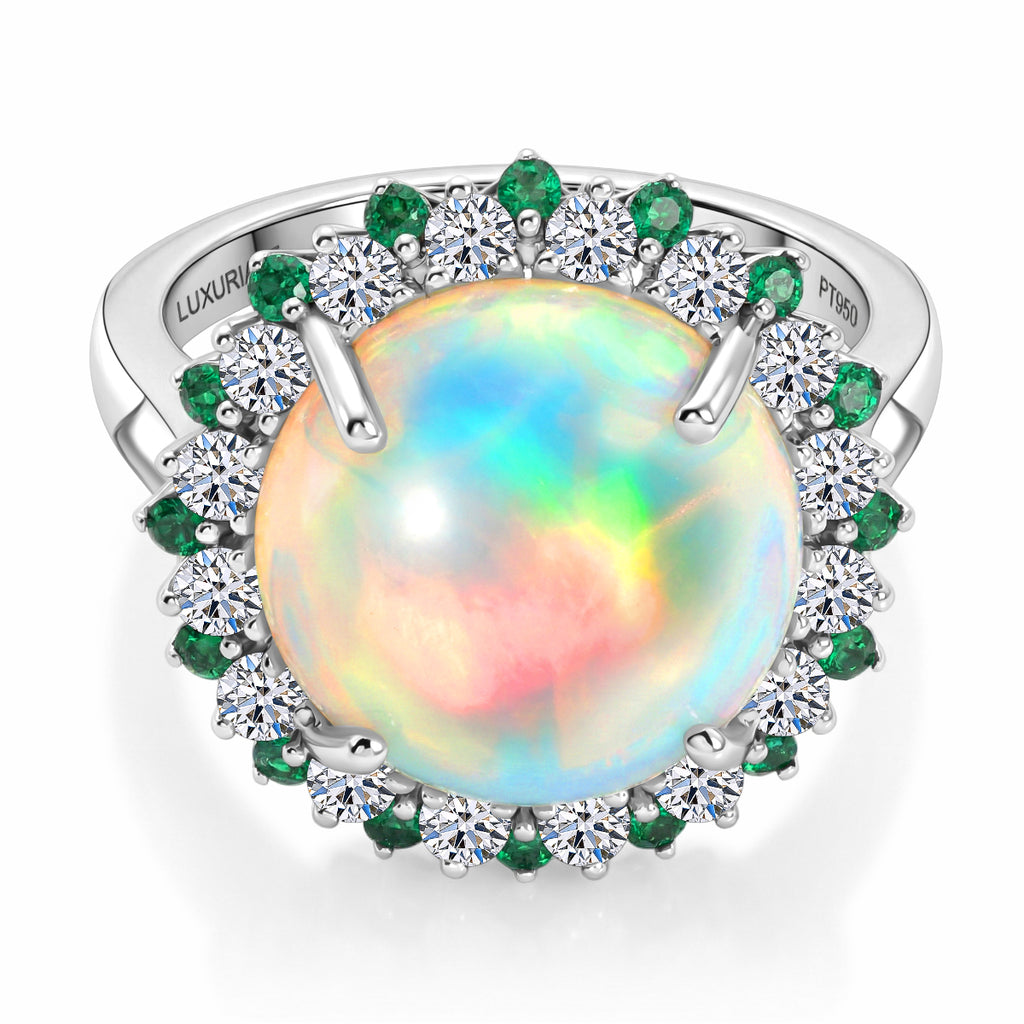 950 Platinum AAA Ethiopian Opal, Natural Emerald & SI-G/H Lab Grown Diamond Halo Ring 6.50 Ct, Platinum Wt. 6.82 Gms_8251415