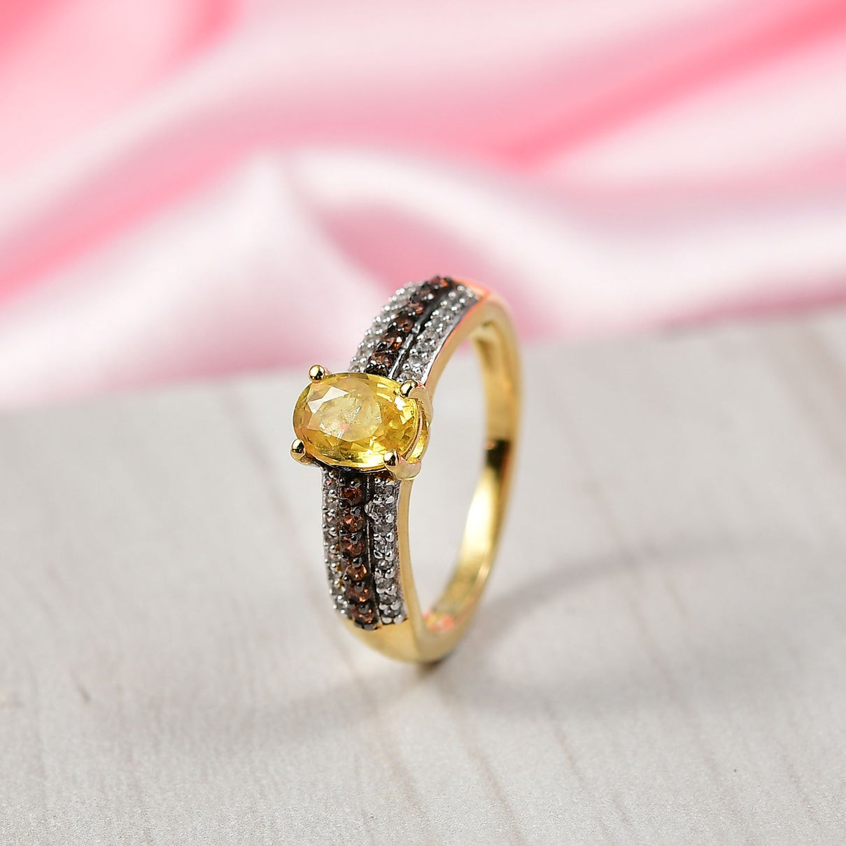 D'Joy Yellow Sapphire, Brown Zircon &amp; White Zircon Ring in 18K Vermeil Yellow Gold Plated Sterling Silver 1.47 Ct. V32514752 2