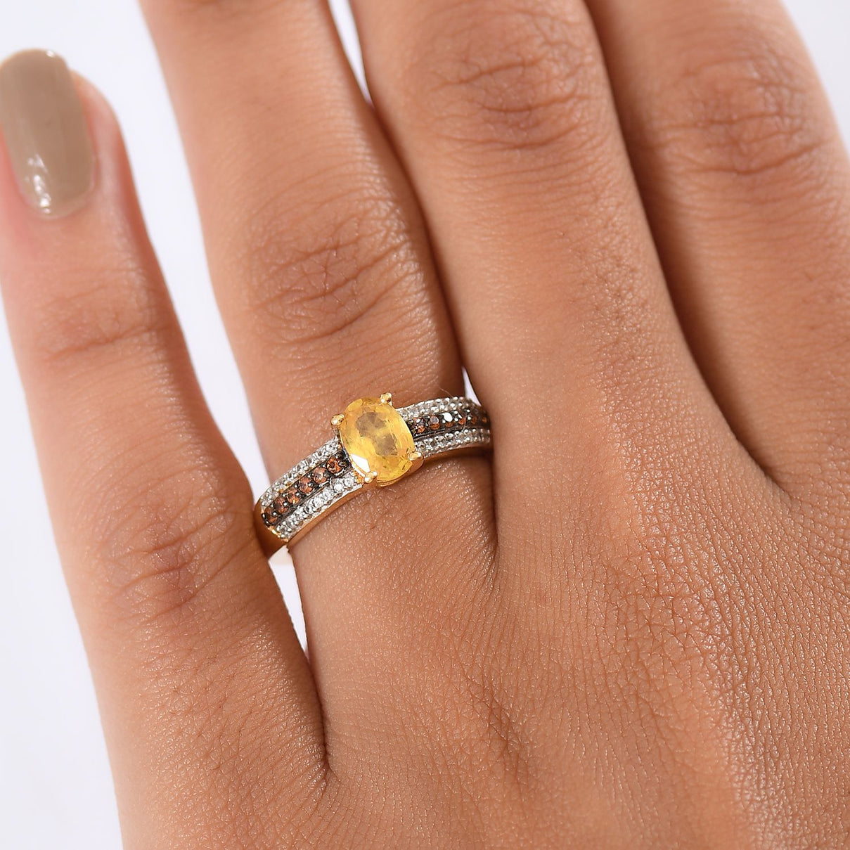D'Joy Yellow Sapphire, Brown Zircon &amp; White Zircon Ring in 18K Vermeil Yellow Gold Plated Sterling Silver 1.47 Ct. V32534990 3