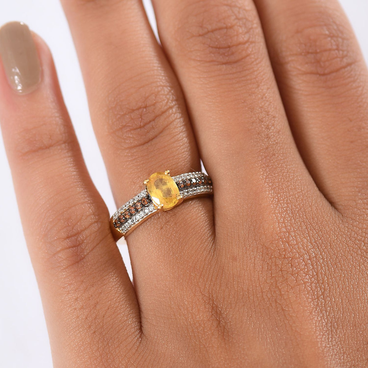 D'Joy Yellow Sapphire, Brown Zircon &amp; White Zircon Ring in 18K Vermeil Yellow Gold Plated Sterling Silver 1.47 Ct. V32565087 3