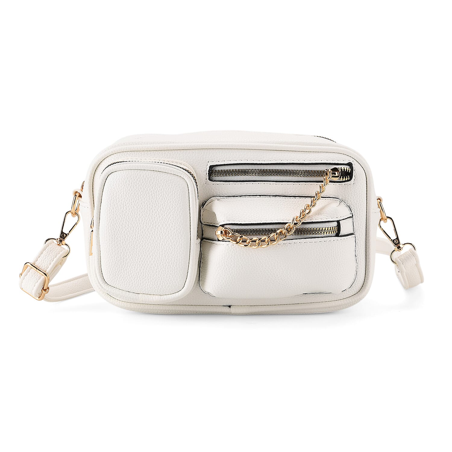 Multi-Pocket Crossbody Bag with Gold Chain Detail - White V32534172 0