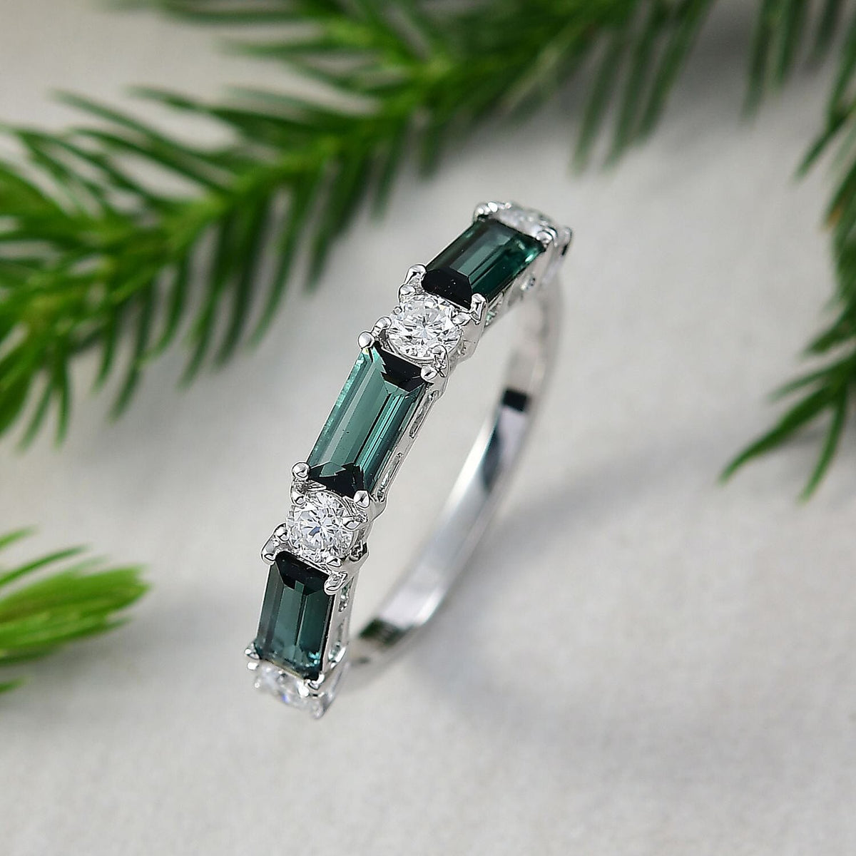 Certified and Appraised LUXURIANT AA Green Tourmaline, Lab Grown Diamond Main Stone With Side Stone Ring in 10K White Gold, Gold Wt.1.94 Gms  1.800  Ct. 8252315 1