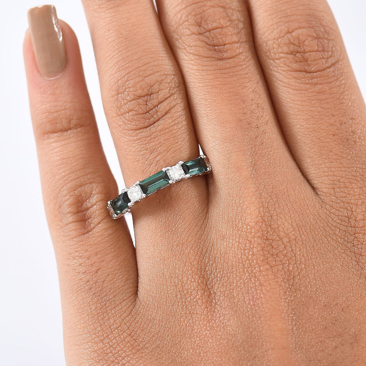 Certified and Appraised LUXURIANT AA Green Tourmaline, Lab Grown Diamond Main Stone With Side Stone Ring in 10K White Gold, Gold Wt.1.94 Gms  1.800  Ct. 8252315 2