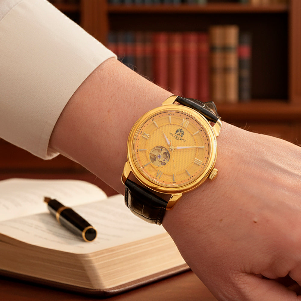 WILLIAM HUNT Limited Edition Heritage Automatic Watch with Adjustable Black Leather Strap - 5ATM Water Resistancy &amp; Sapphire Crystal Glass - Gold V32531540 3