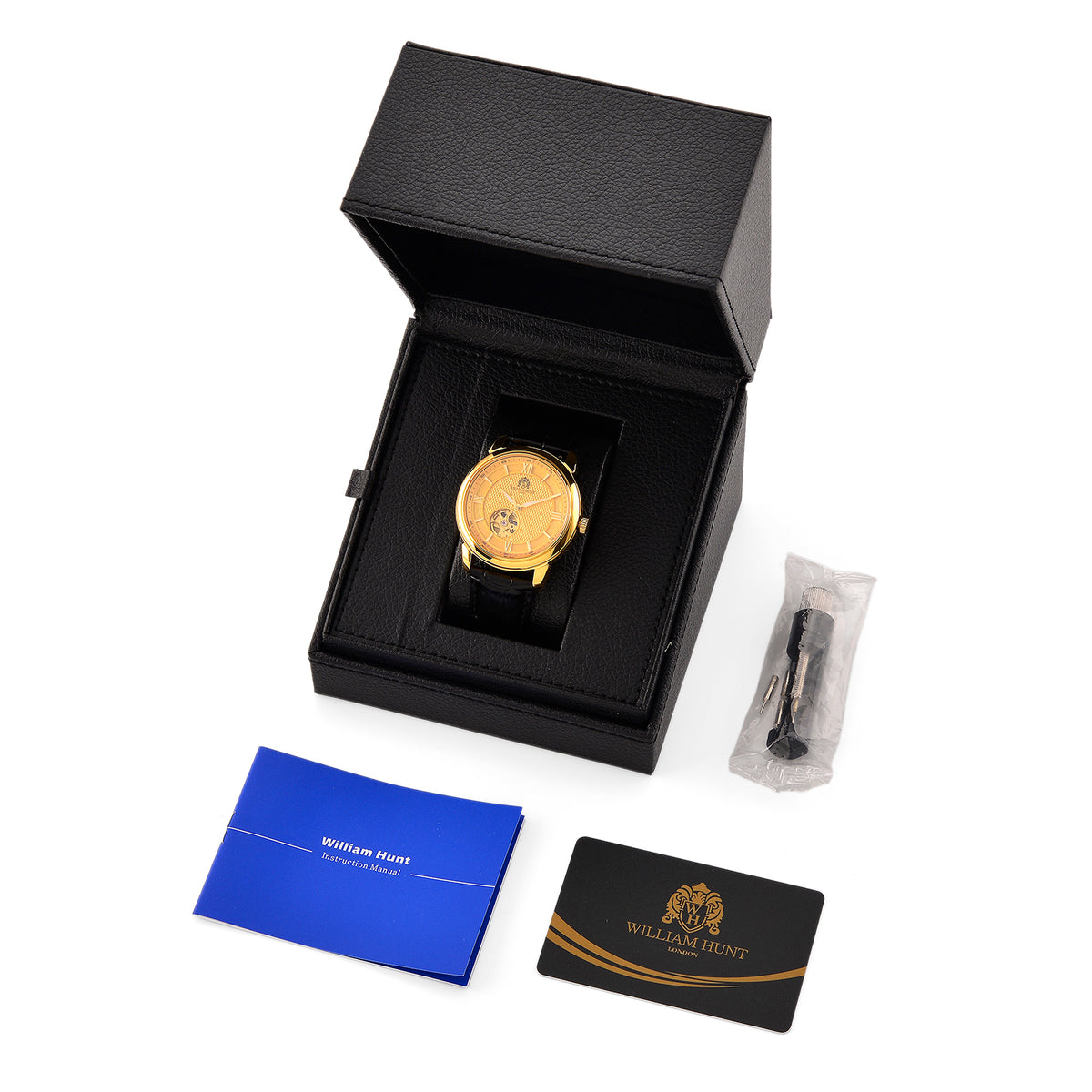 WILLIAM HUNT Limited Edition Heritage Automatic Watch with Adjustable Black Leather Strap - 5ATM Water Resistancy &amp; Sapphire Crystal Glass - Gold V32531540 9