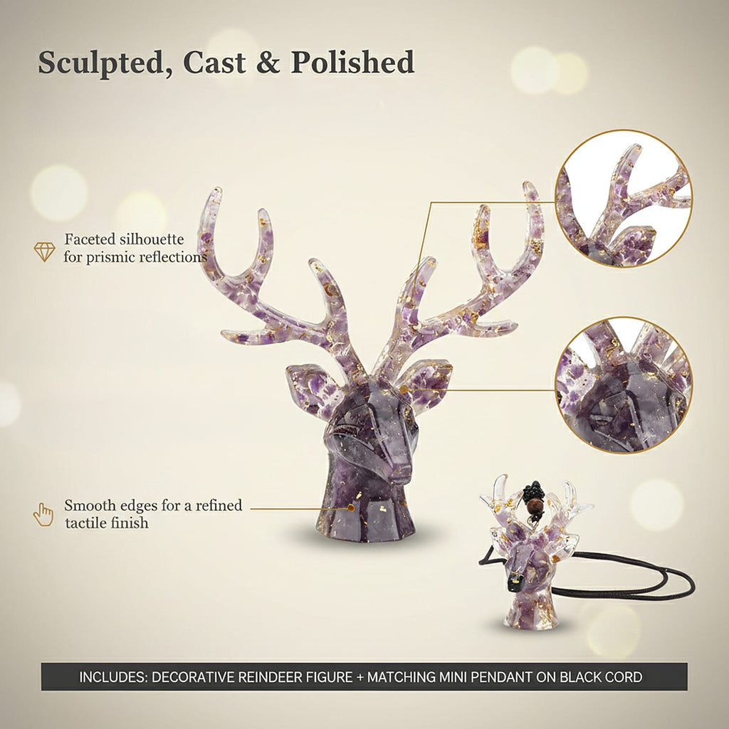 Set Of 2 - Amethyst Reindeer Figurine  & Amber Deer Head Necklace (Size 28 Adjustable) - Purple_8255145_2