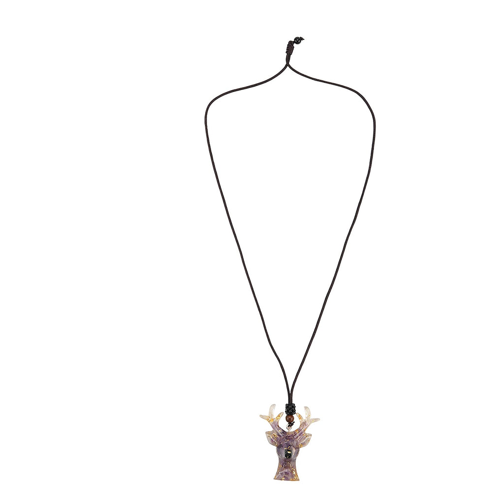 Set Of 2 - Amethyst Reindeer Figurine  & Amber Deer Head Necklace (Size 28 Adjustable) - Purple_8255145_5