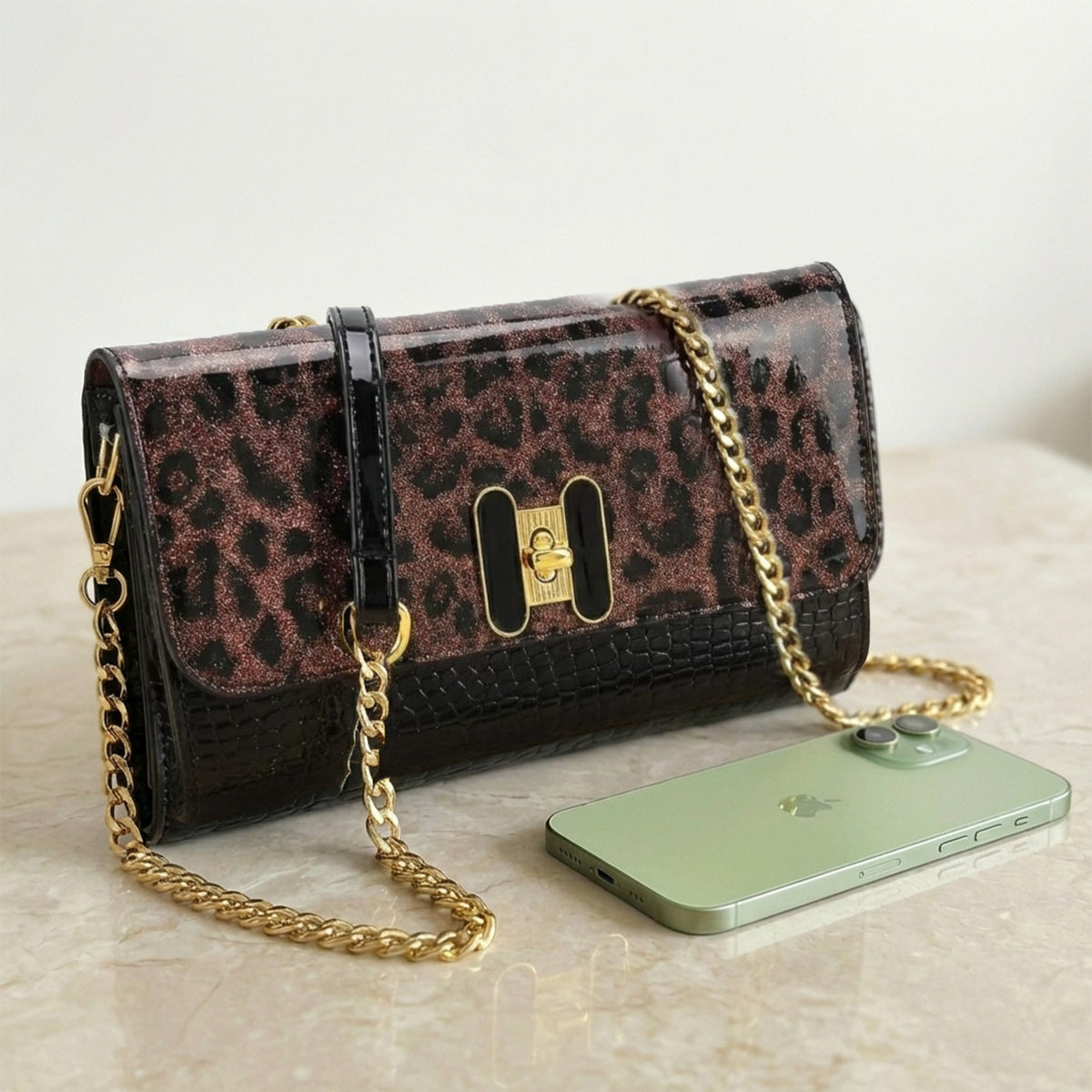 Leopard Print Two-Tone Wallet Crossbody Bag with Chain Strap 8256521 2