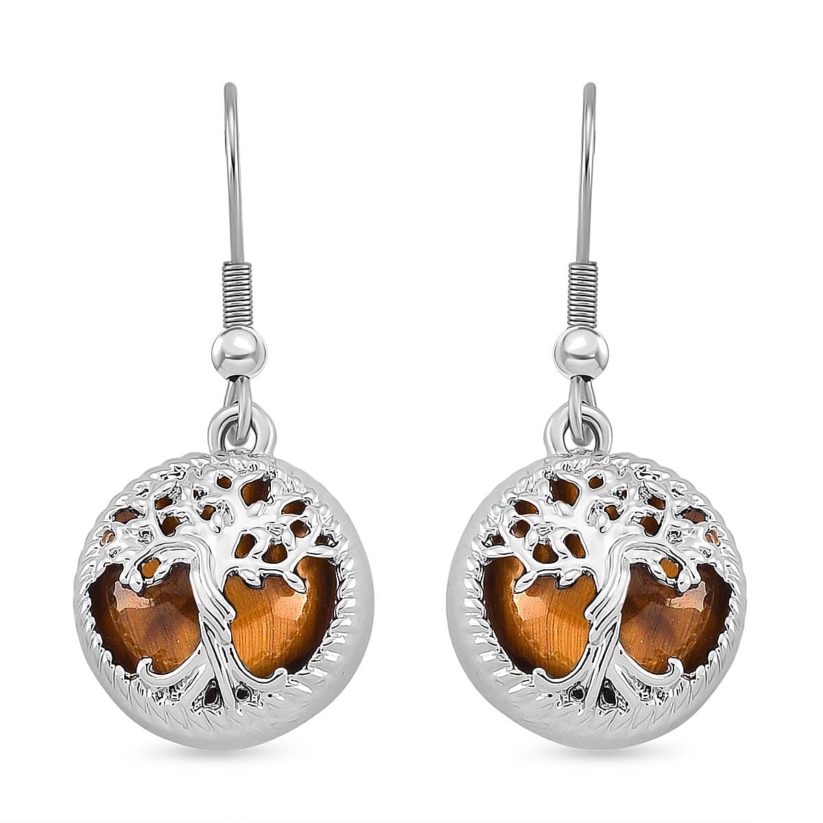 Yellow Tigers Eye Tree of Life Earrings with Hook in Silver Tone 8256665 0