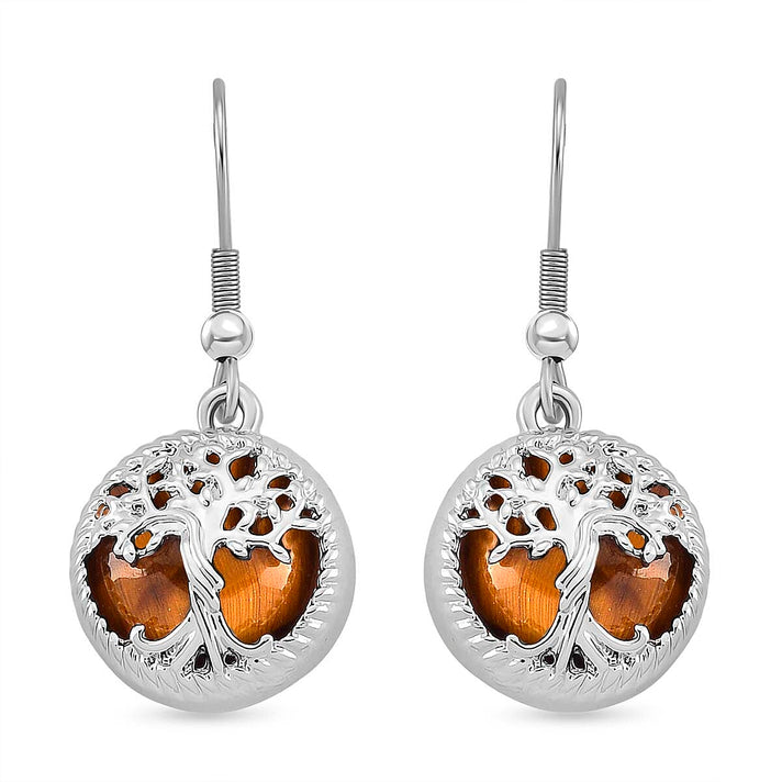 Yellow Tigers Eye Tree of Life Earrings with Hook in Silver Tone 8256665 1