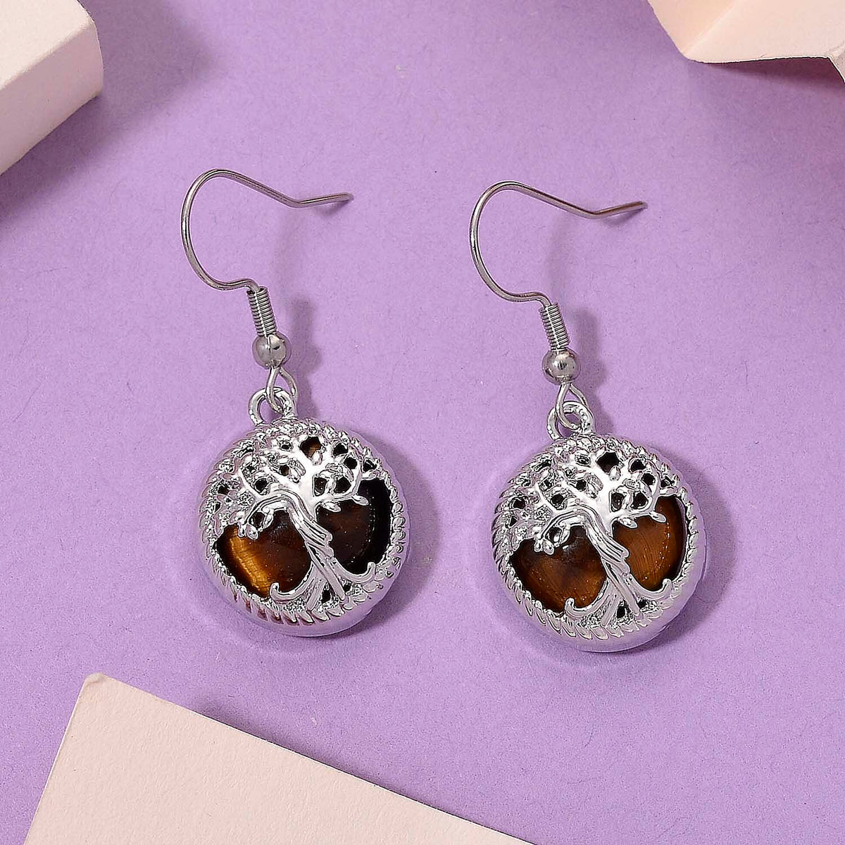 Yellow Tigers Eye Tree of Life Earrings with Hook in Silver Tone 8256665 2