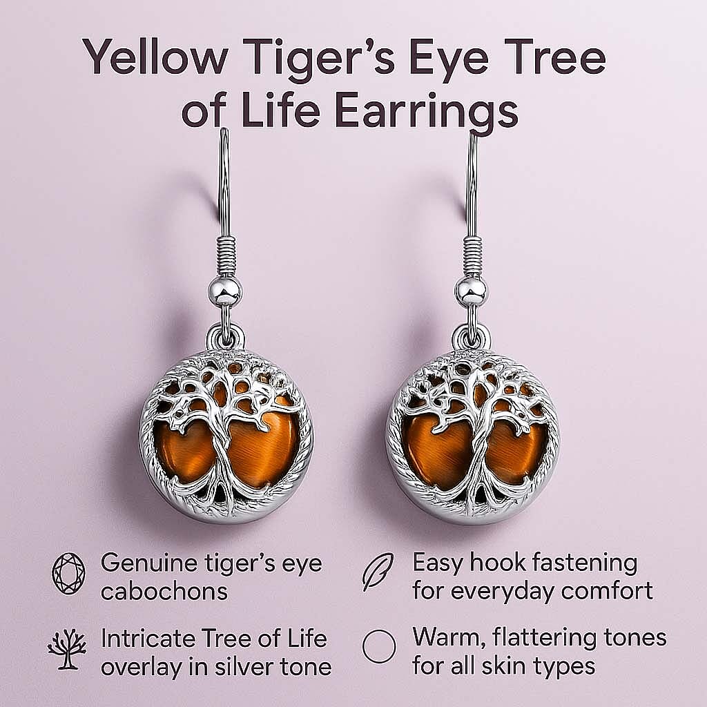 Yellow Tigers Eye Tree of Life Earrings with Hook