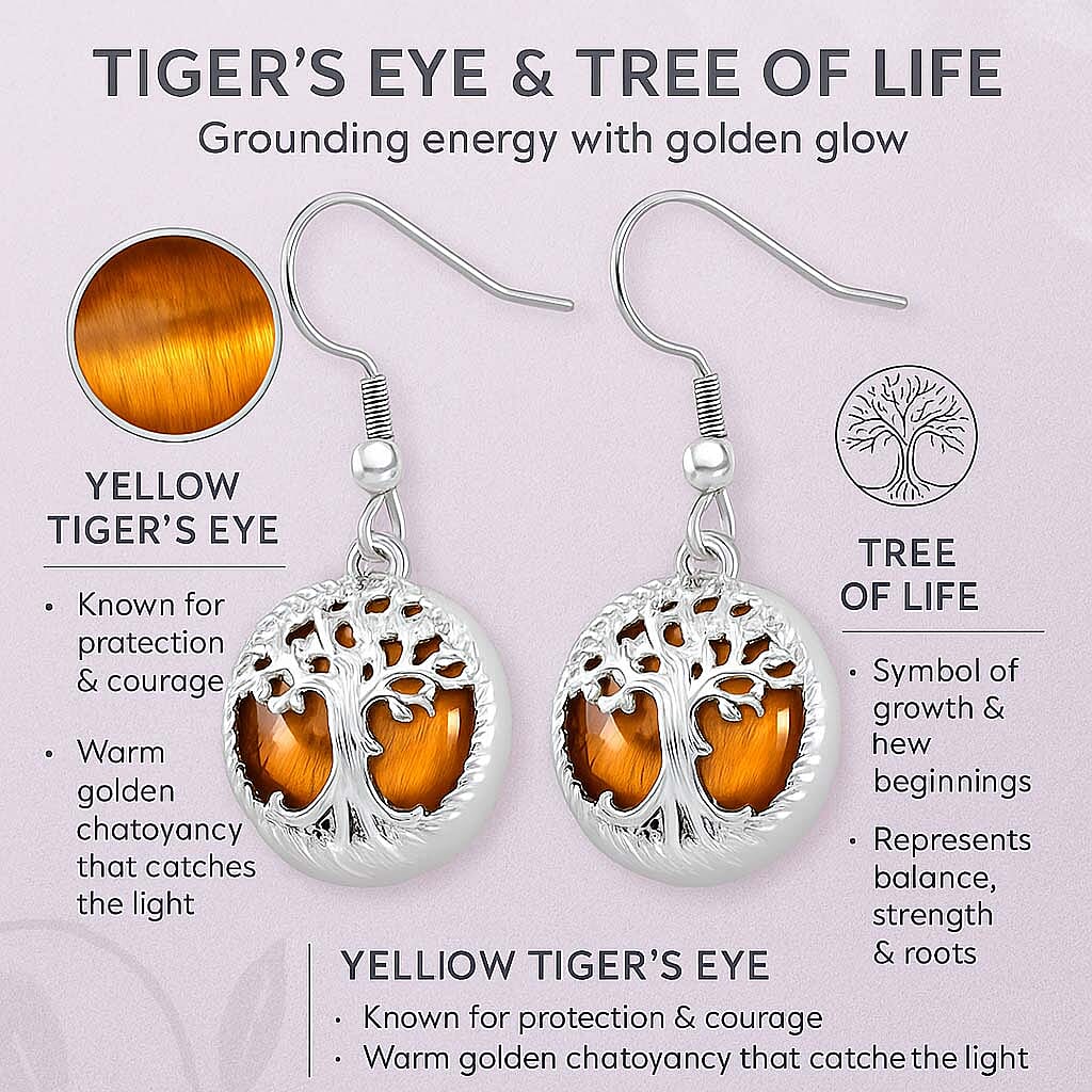 Yellow Tigers Eye Tree of Life Earrings with Hook in Silver Tone 8256665 5