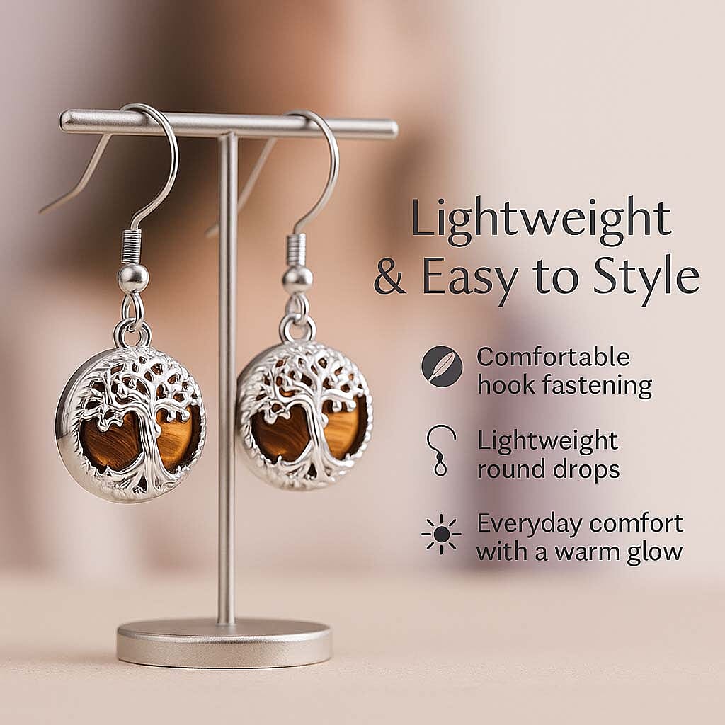 Yellow Tigers Eye Tree of Life Earrings with Hook in Silver Tone 8256665 6