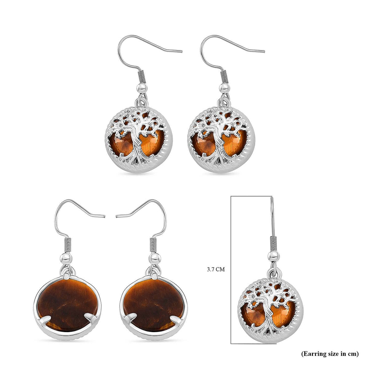 Yellow Tigers Eye Tree of Life Earrings with Hook in Silver Tone 8256665 8