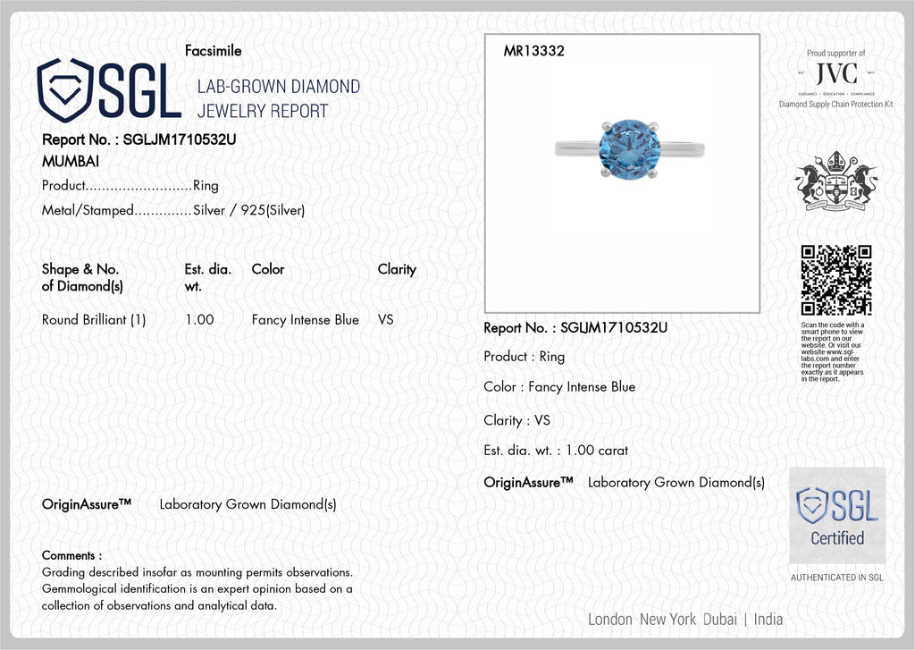Luxuriant Lab Grown Blue Diamond SGL Certified (VS INTENSE BLUE) Solitaire Ring in Rhodium Overlay Sterling Silver 1.00 Ct._8256754_8