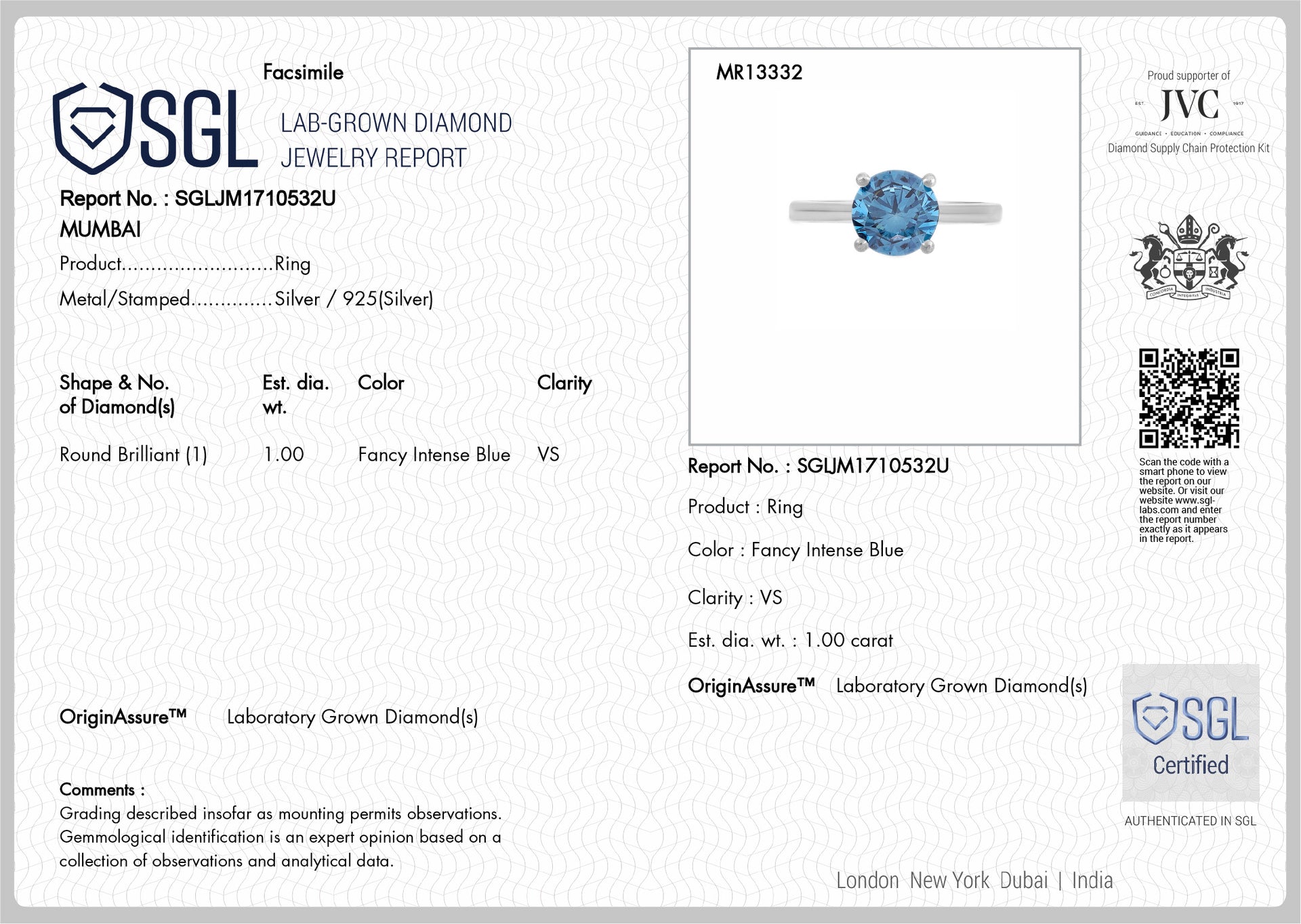 LUXURIANT 1 Ct. Lab Grown Blue Diamond Solitaire Ring in Rhodium Overlay Sterling Silver, SGL Certified 8256754 1