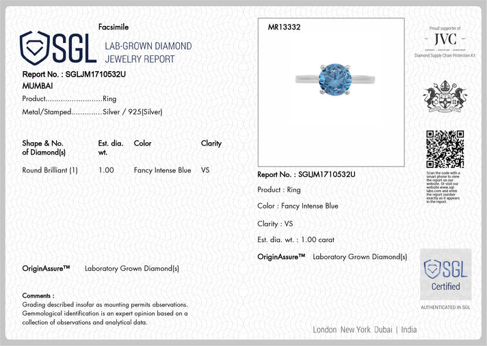 LUXURIANT 1 Ct. Lab Grown Blue Diamond Solitaire Ring in Rhodium Overlay Sterling Silver, SGL Certified 8256754 2