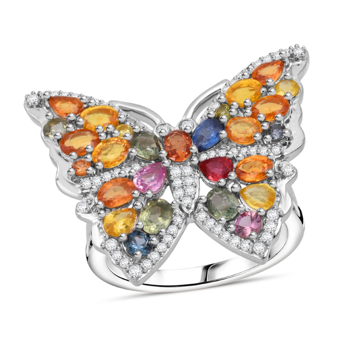 Rainbow Sapphire, Blue Sapphire, Pink Sapphire &amp; White Zircon Butterfly Ring in Rhodium Overlay Sterling Silver 5.38 Ct, Silver Wt. 7.00 Gms. V32526112 0