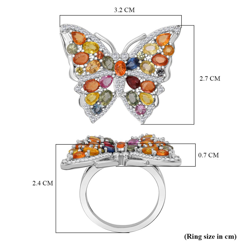 Rainbow Sapphire, Blue Sapphire, Pink Sapphire & White Zircon Butterfly Ring in Rhodium Overlay Sterling Silver 5.38 Ct, Silver Wt. 7.00 Gms._8257493_5