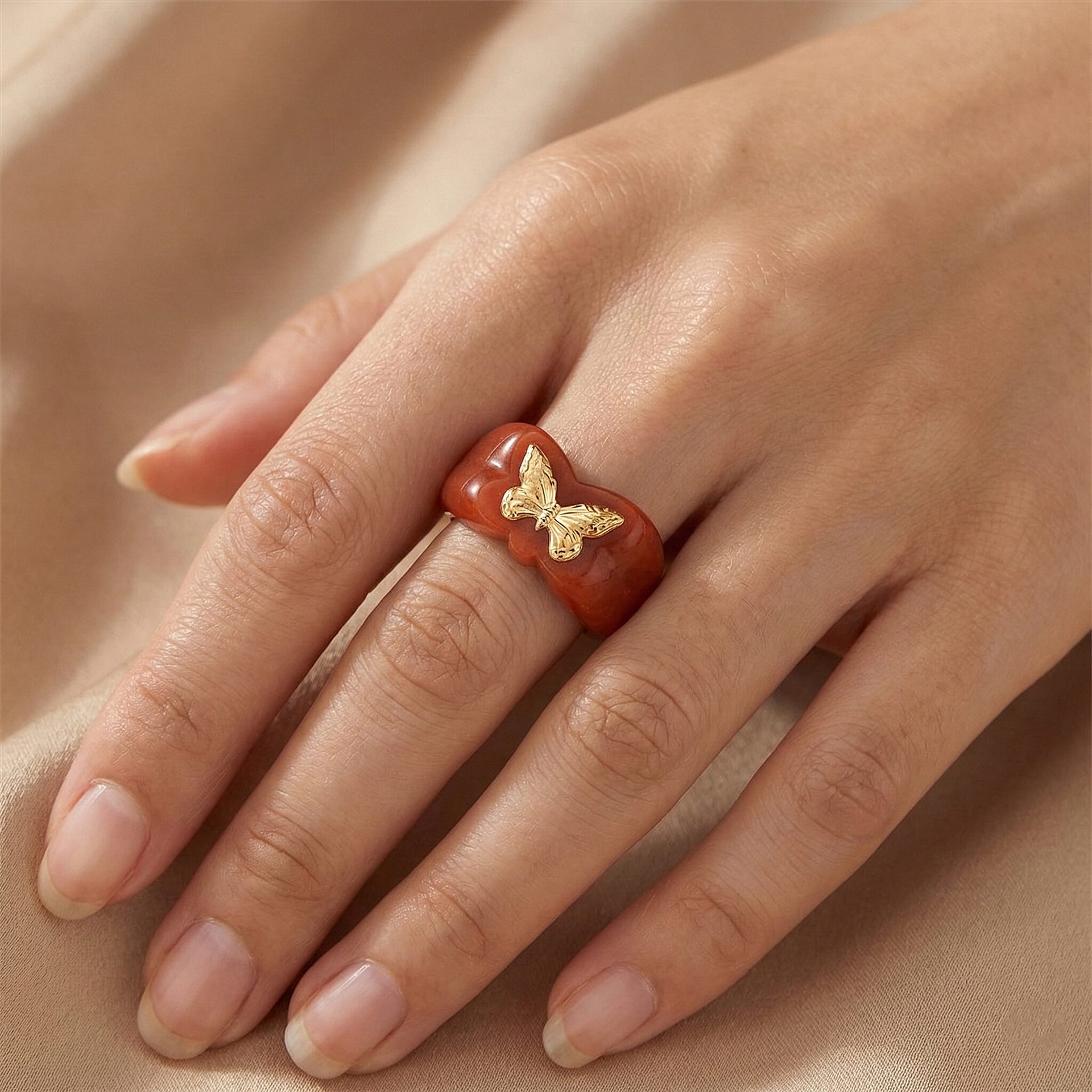 24K Yellow Gold Enhanced Red Jade Butterfly Ring 30.00 Ct. V32531333 3