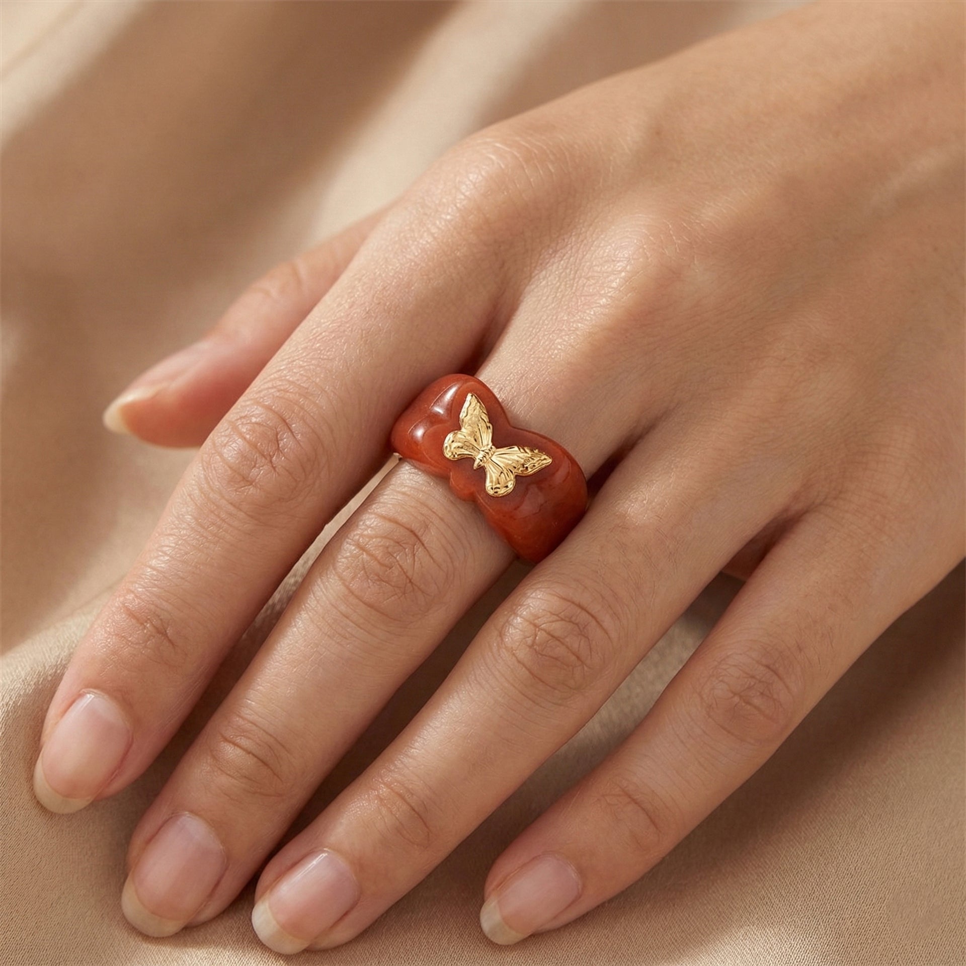 24K Yellow Gold Enhanced Red Jade Butterfly Ring 30.00 Ct. 8258287 3