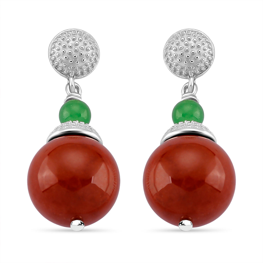 D'Joy Enhanced Red Jade & Green Jade Ball Drop Earring with Push Back in Rhodium Overlay Sterling Silver 32.24 Ct._8259266