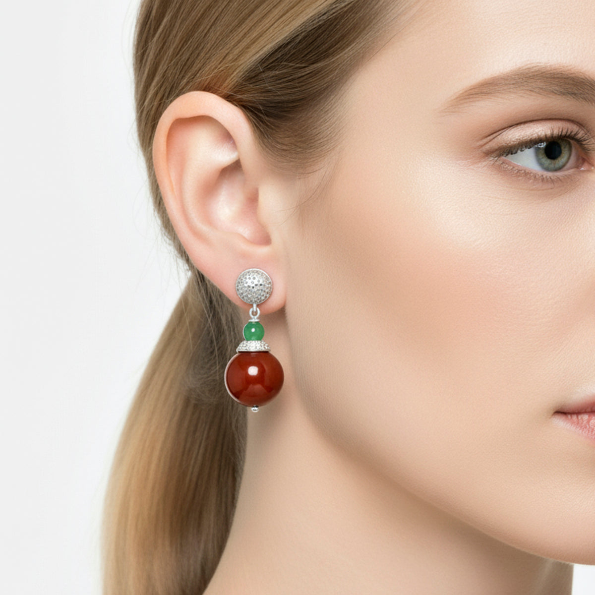 D'Joy Enhanced Red Jade &amp; Green Jade Ball Drop Earring with Push Back in Rhodium Overlay Sterling Silver 32.24 Ct. V32574431 3