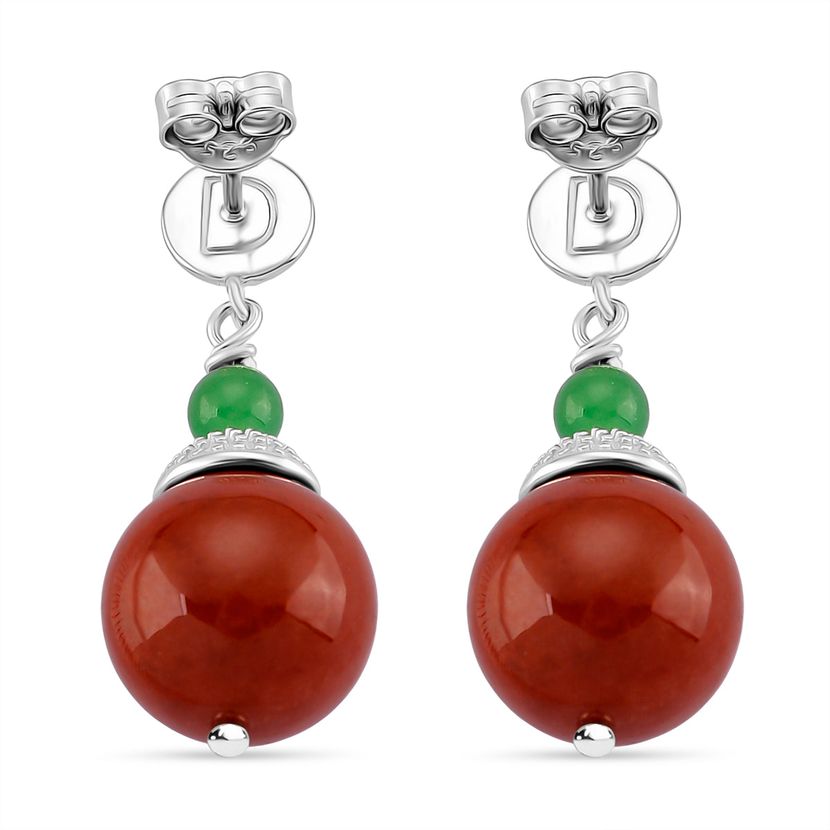 D'Joy Enhanced Red Jade &amp; Green Jade Ball Drop Earring with Push Back in Rhodium Overlay Sterling Silver 32.24 Ct. V32574431 4